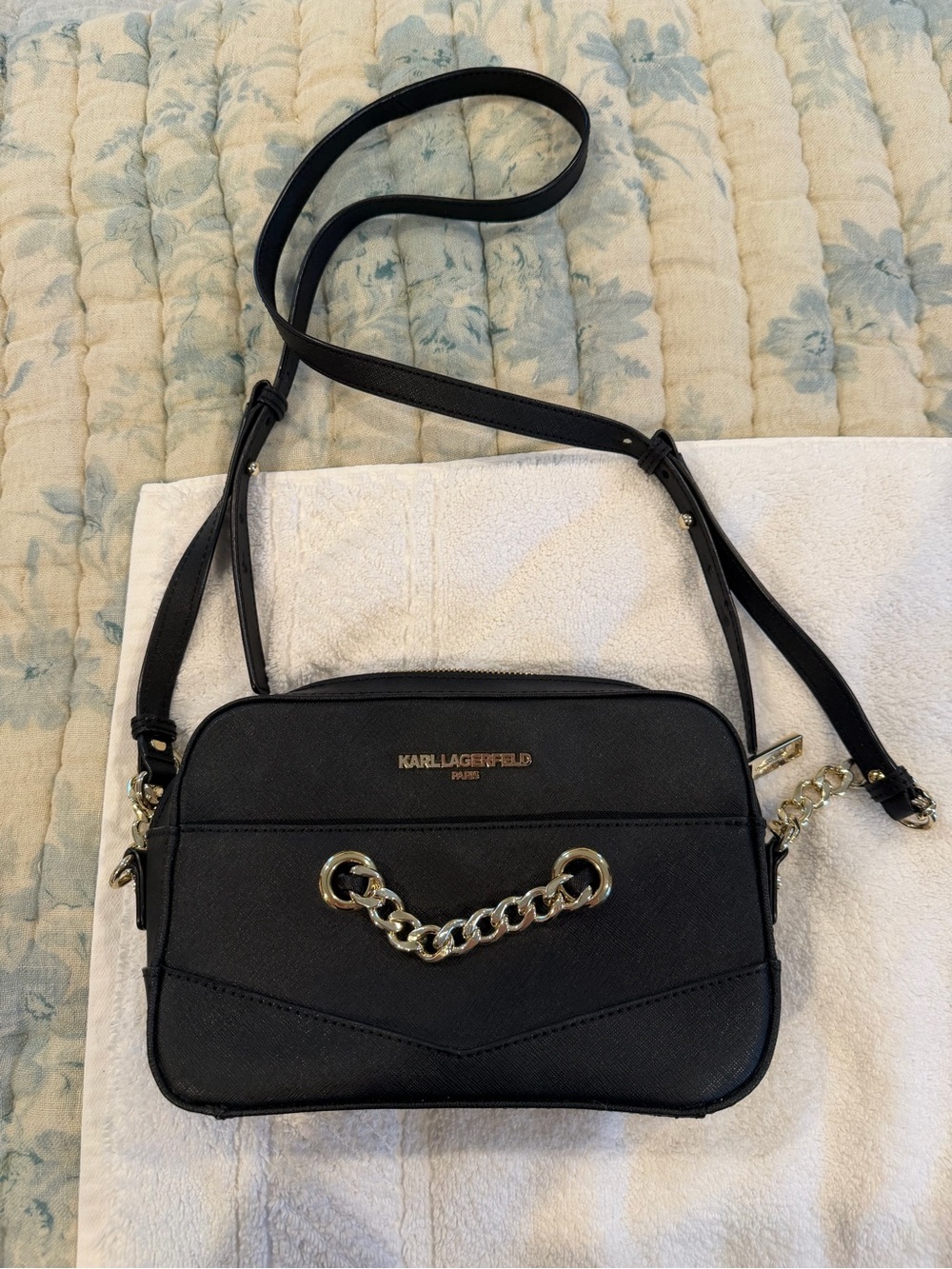 Karl Lagerfeld Black Crossbody with Gold Chain Detail